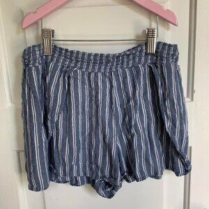 american eagle blue and white striped shorts with elastic waistband + side slits